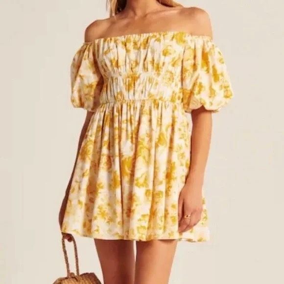 Abercrombie & Fitch Yellow Floral Off The Shoulder Prep Mini Dress Size Medium - Picture 1 of 8
